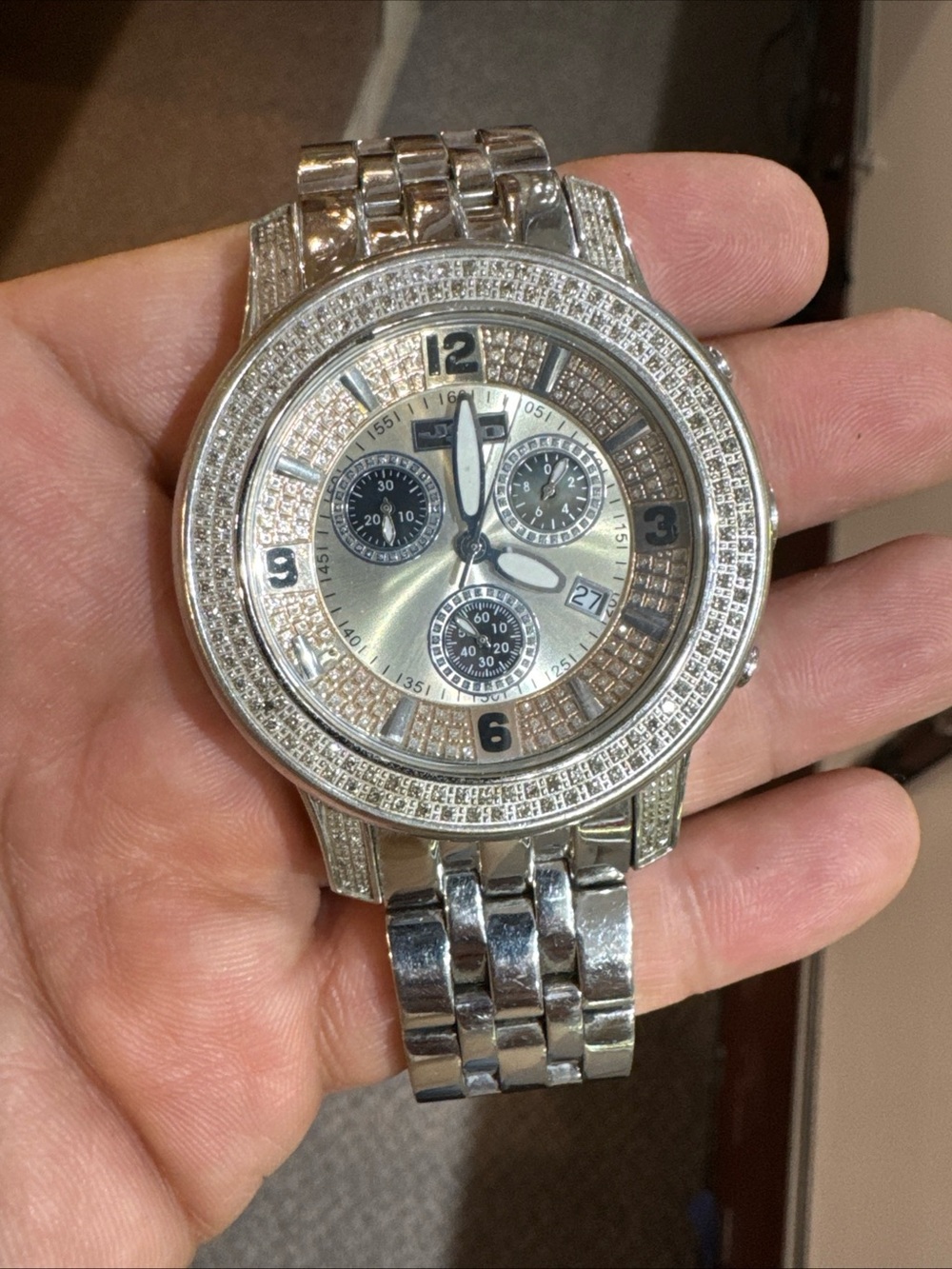 JoJo Men’s Diamond Watch Stainless Steel Silver Tone Not Working Pre-Owned